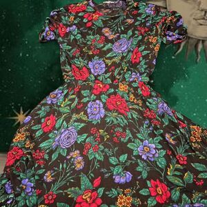 Vintage Vibrant Botanical Floral Dress w/ Pockets🌿 Dark Cottagecore Sz M